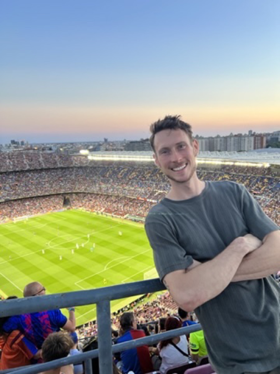 At an FC Barcelona match at sunset